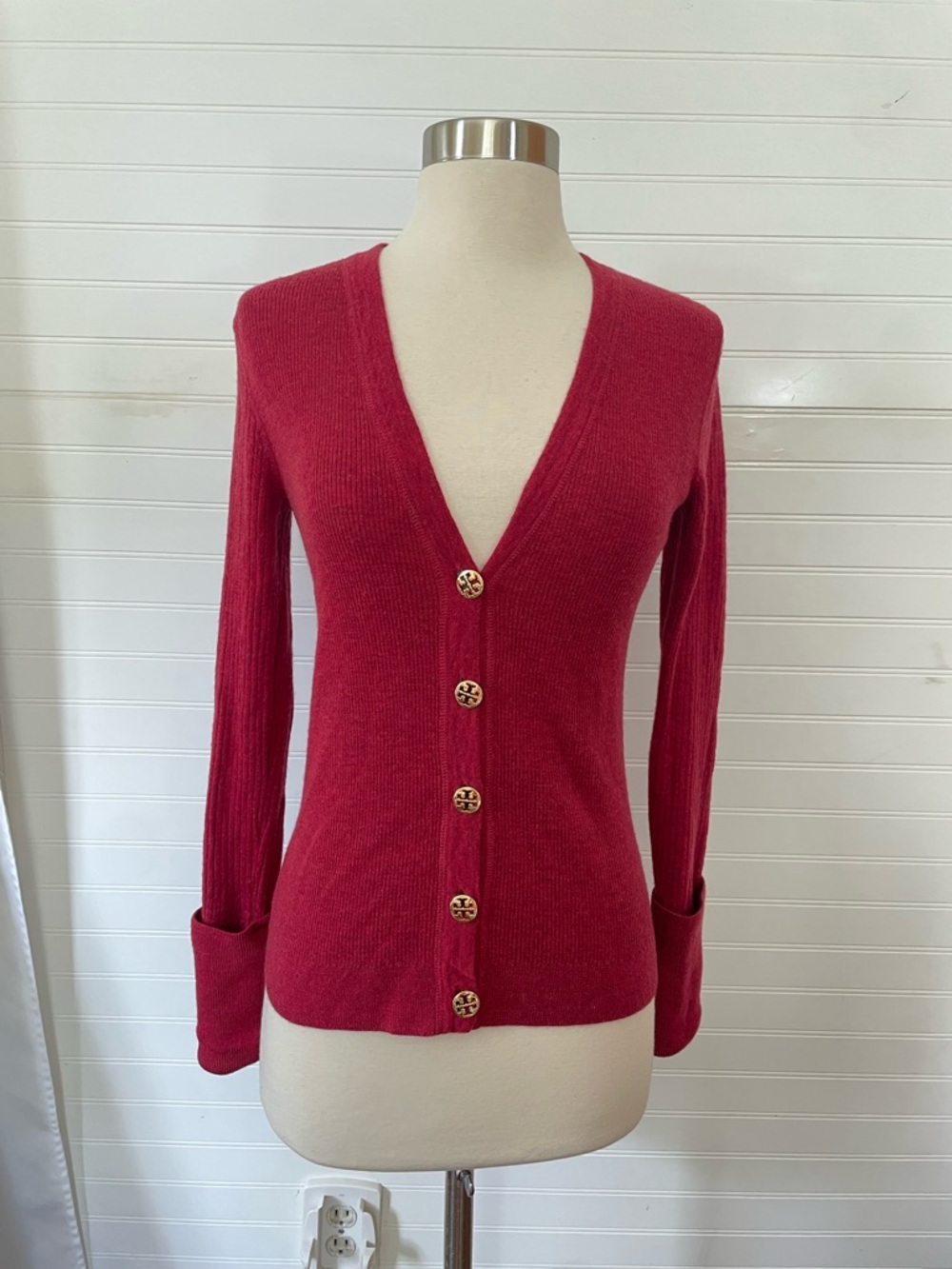 Tory Burch 100% Merino Wool Raspberry Gold Logo Button Thea Cardigan Size Large